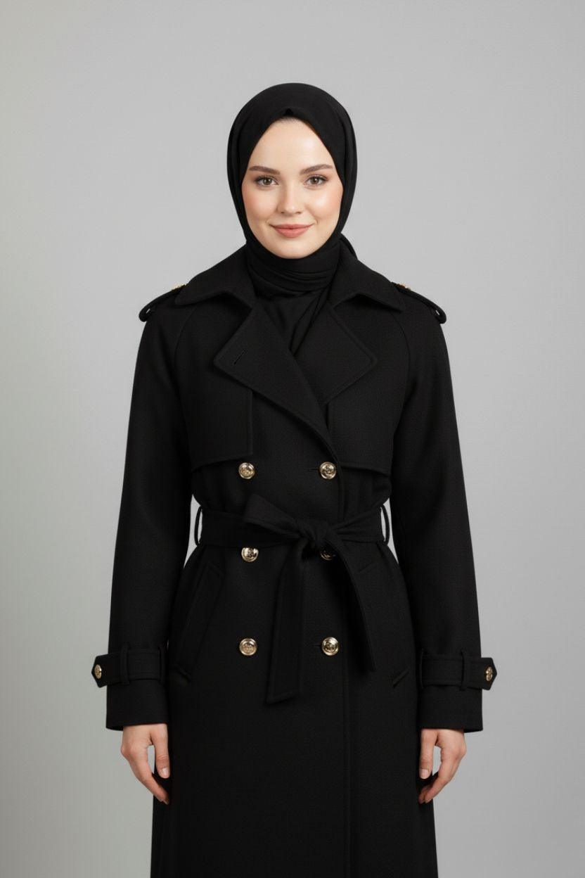 Midnight Grace Long Modest Trench Coat | Black