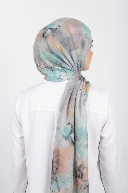 Person wearing a floral headscarf on a white background