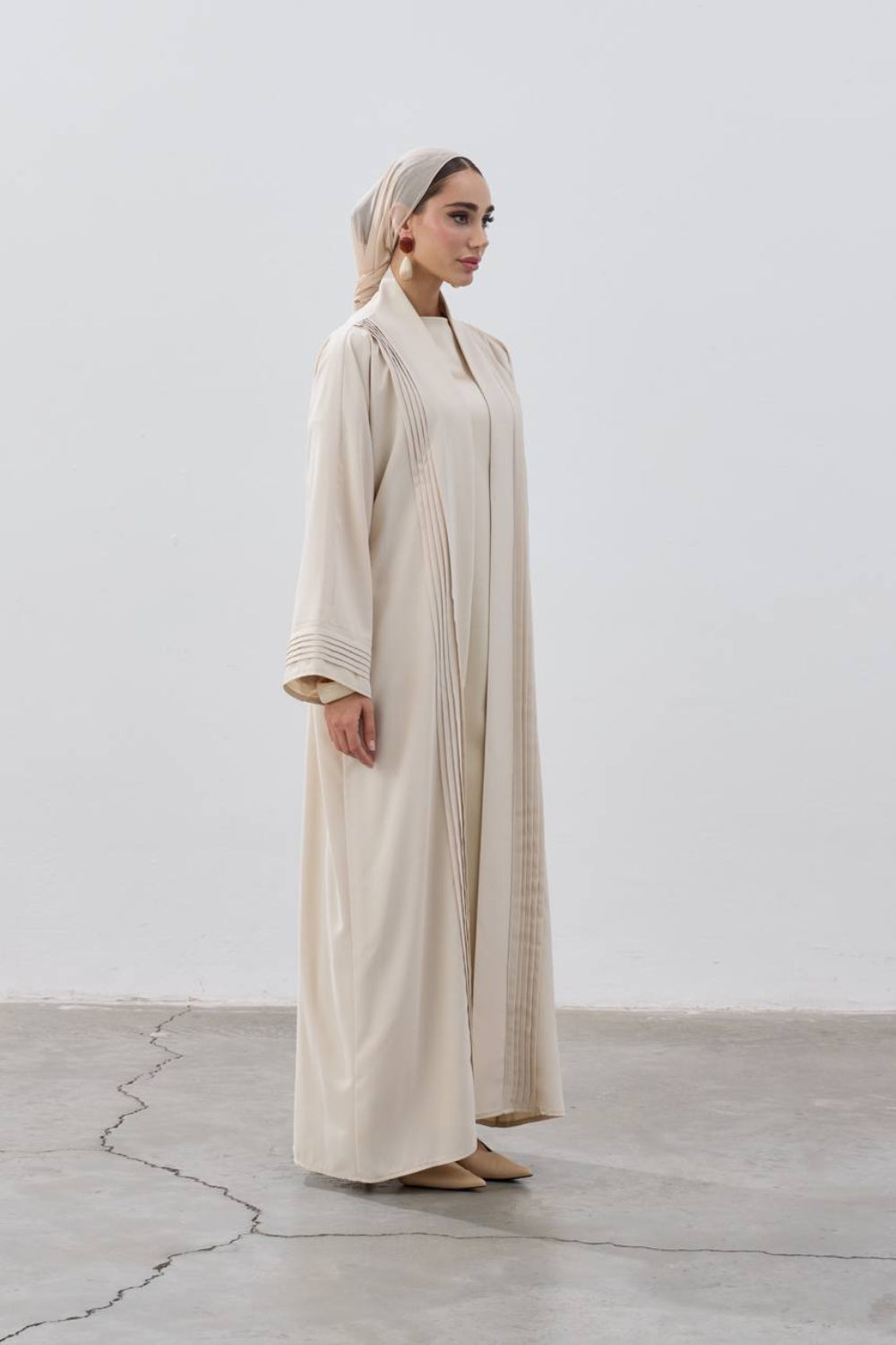Pleated Elegance Modest Open Abaya | Beige