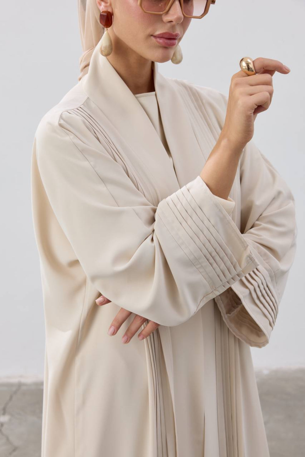 Pleated Elegance Modest Open Abaya | Beige