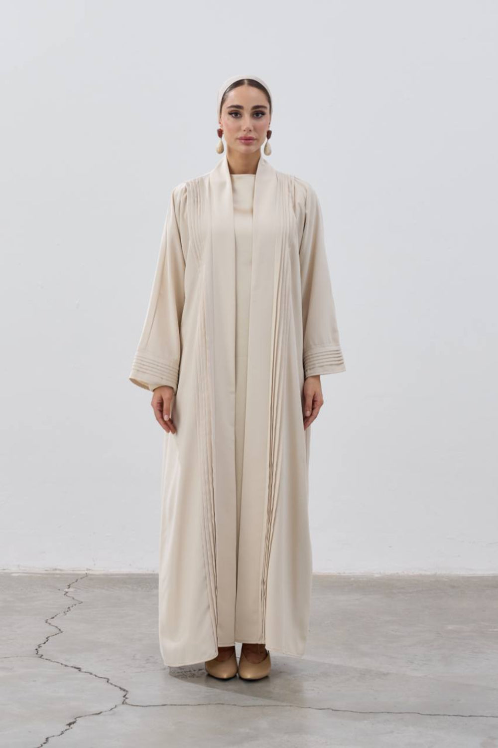 Pleated Elegance Modest Open Abaya | Beige
