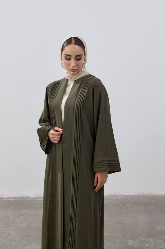 Pleated Elegance Modest Open Abaya | Olive Green