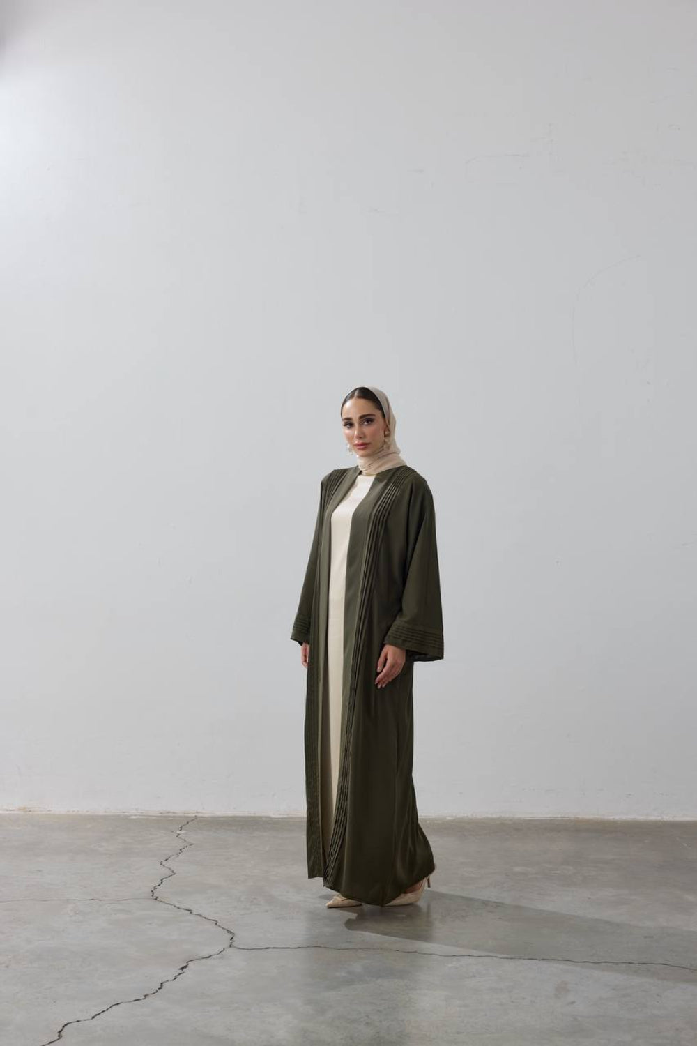 Pleated Elegance Modest Open Abaya | Olive Green