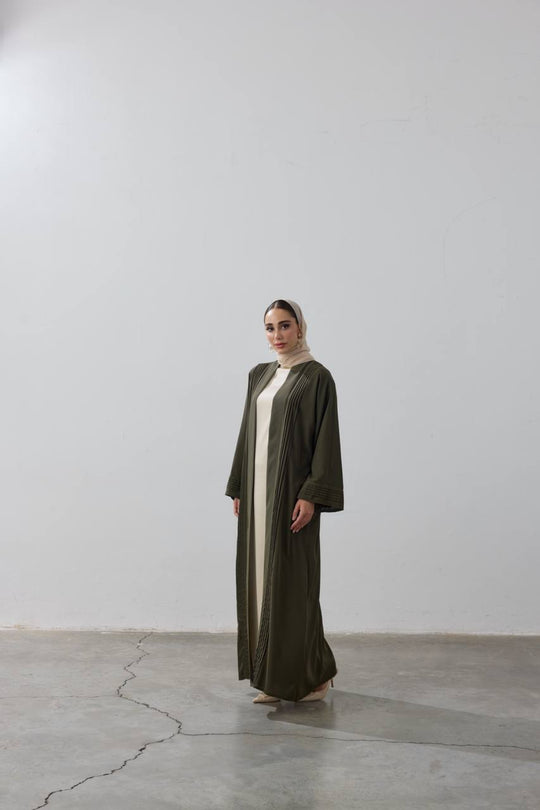 Pleated Elegance Modest Open Abaya | Olive Green