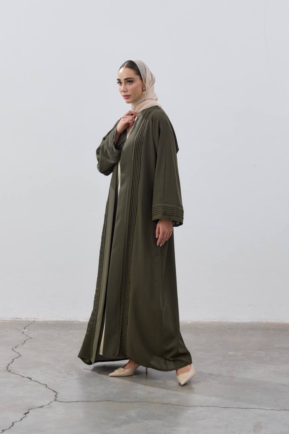Pleated Elegance Modest Open Abaya | Olive Green