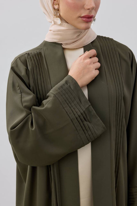 Pleated Elegance Modest Open Abaya | Olive Green