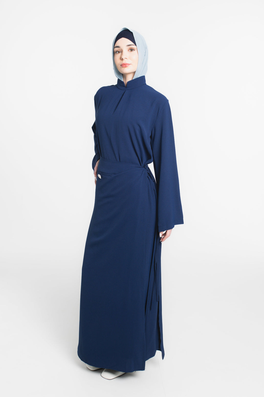 Sculpted Drape Modest Dress | Navy Blue