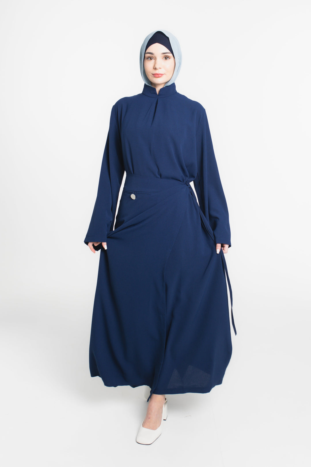 Sculpted Drape Modest Dress | Navy Blue