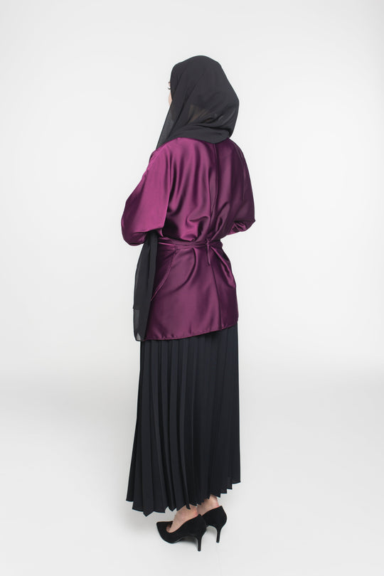 Satin Wrap Modest Top | Burgundy