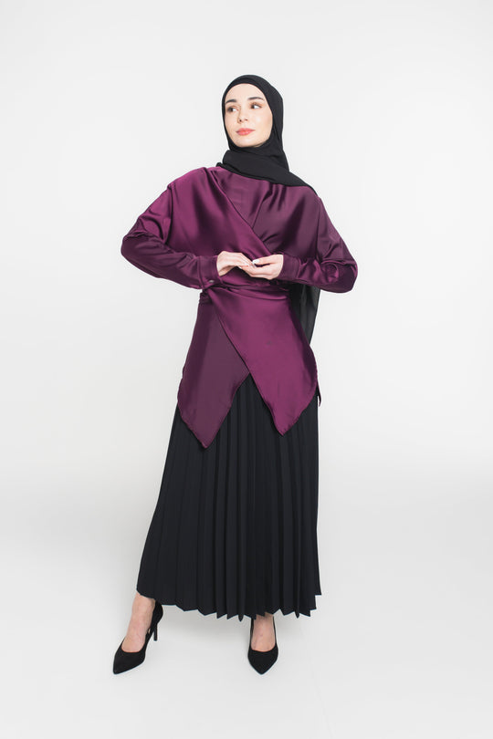 Satin Wrap Modest Top | Burgundy