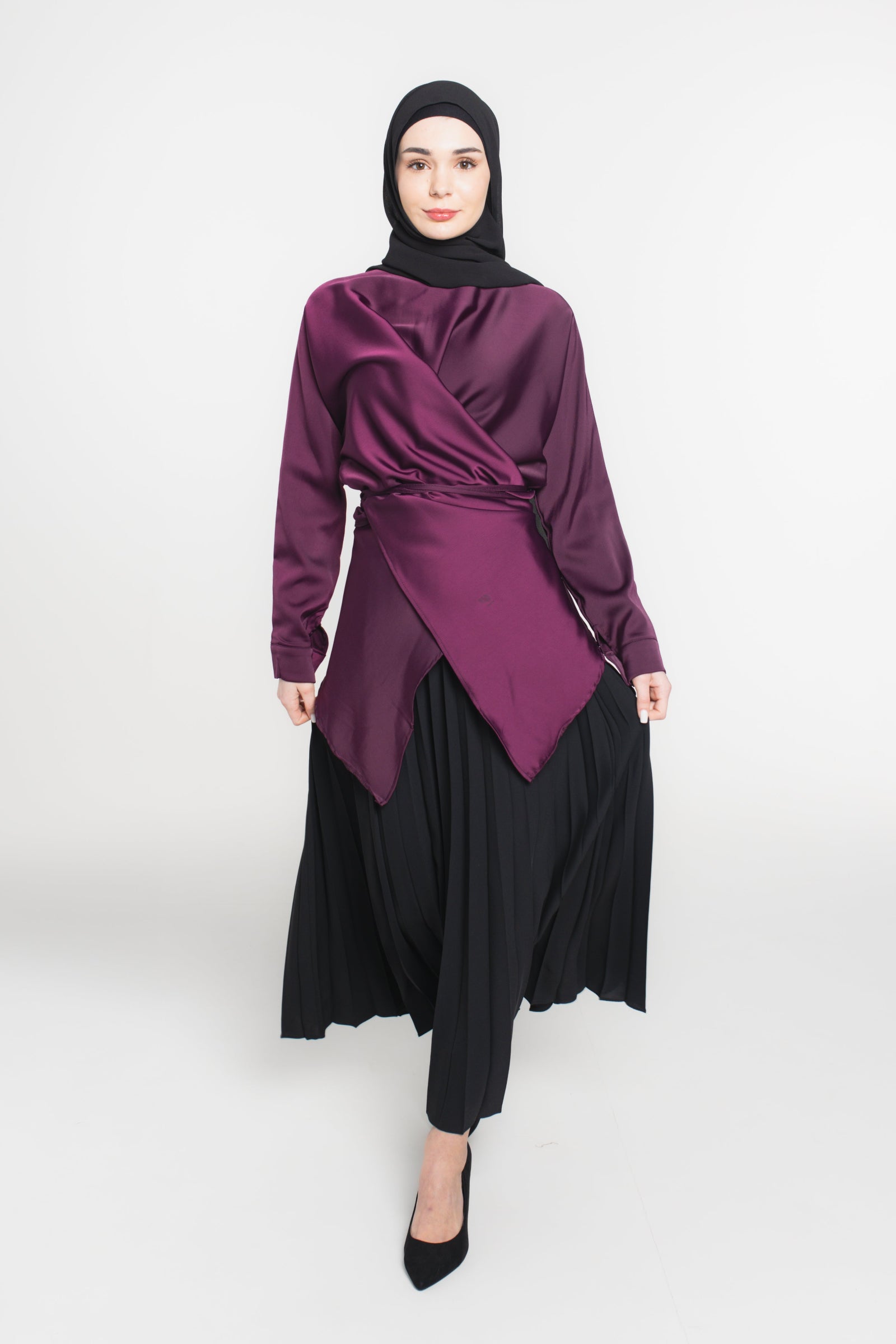 Satin Wrap Modest Top | Burgundy