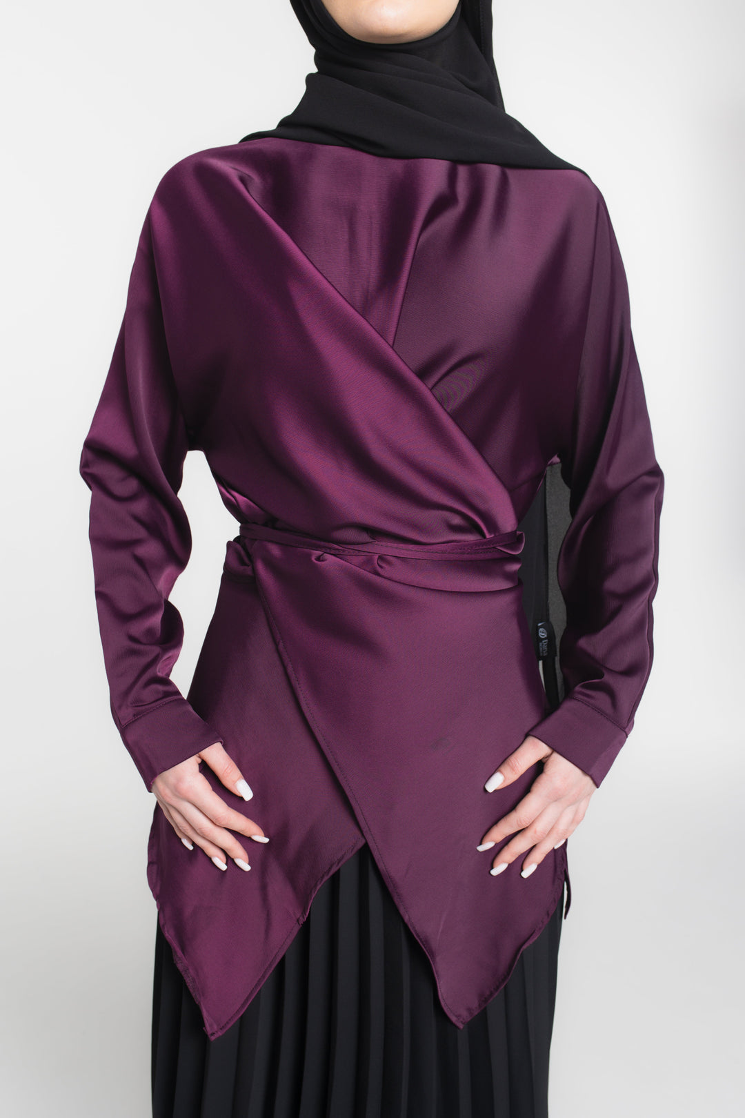 Satin Wrap Modest Top | Burgundy