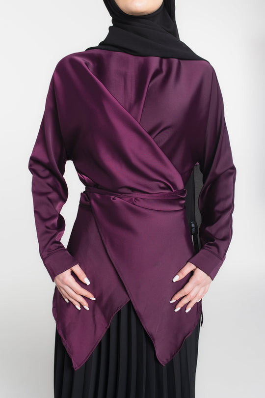 Satin Wrap Modest Top | Burgundy