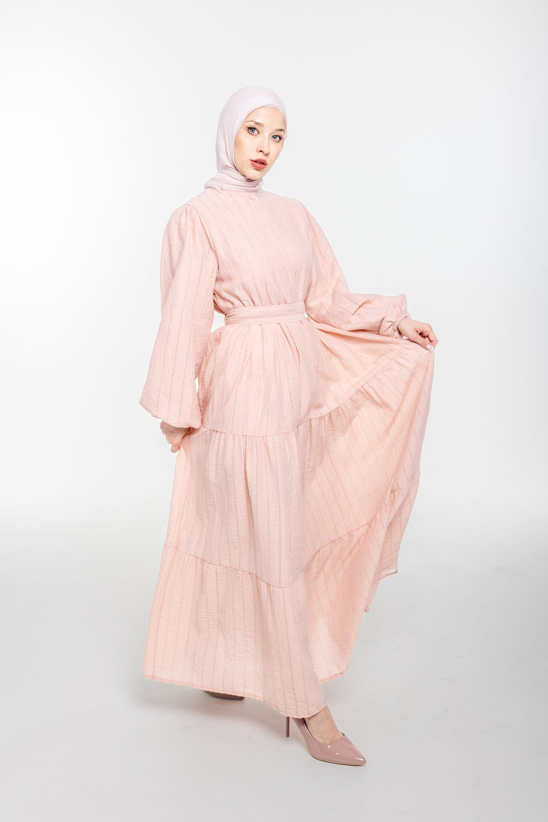 Amina Everyday Modest Tiered Dress | Blush Pink