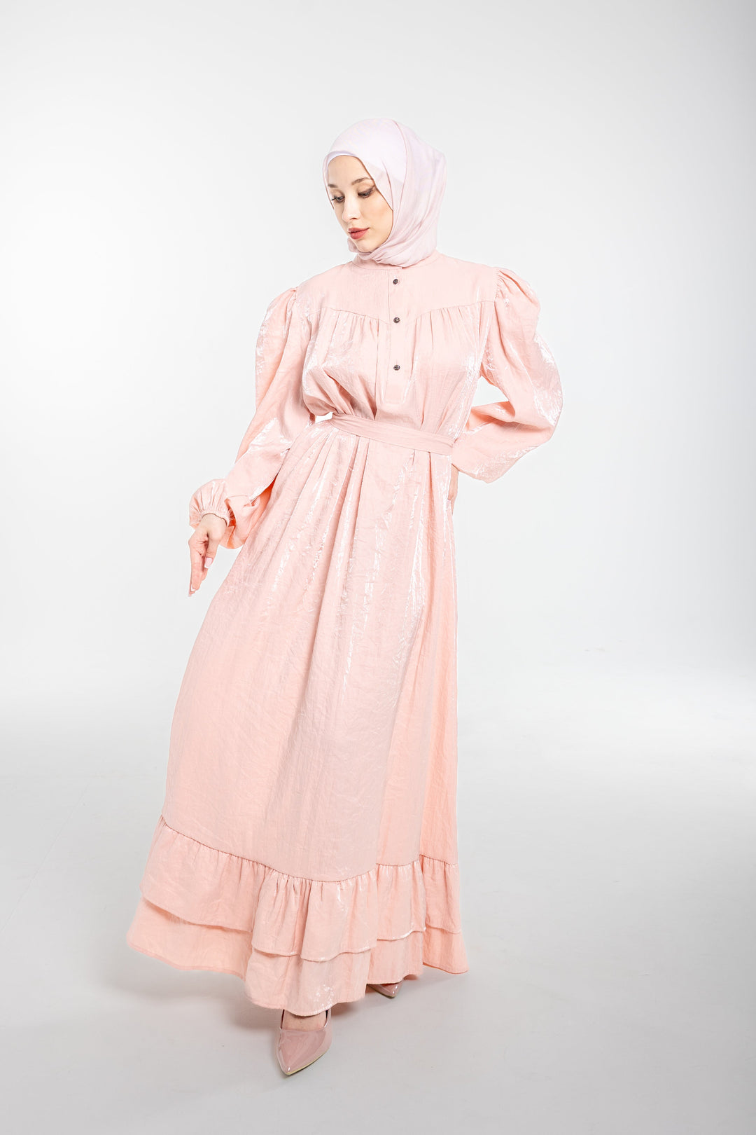 Soraya Modest Ruffle Hem Dress  | Blush Pink