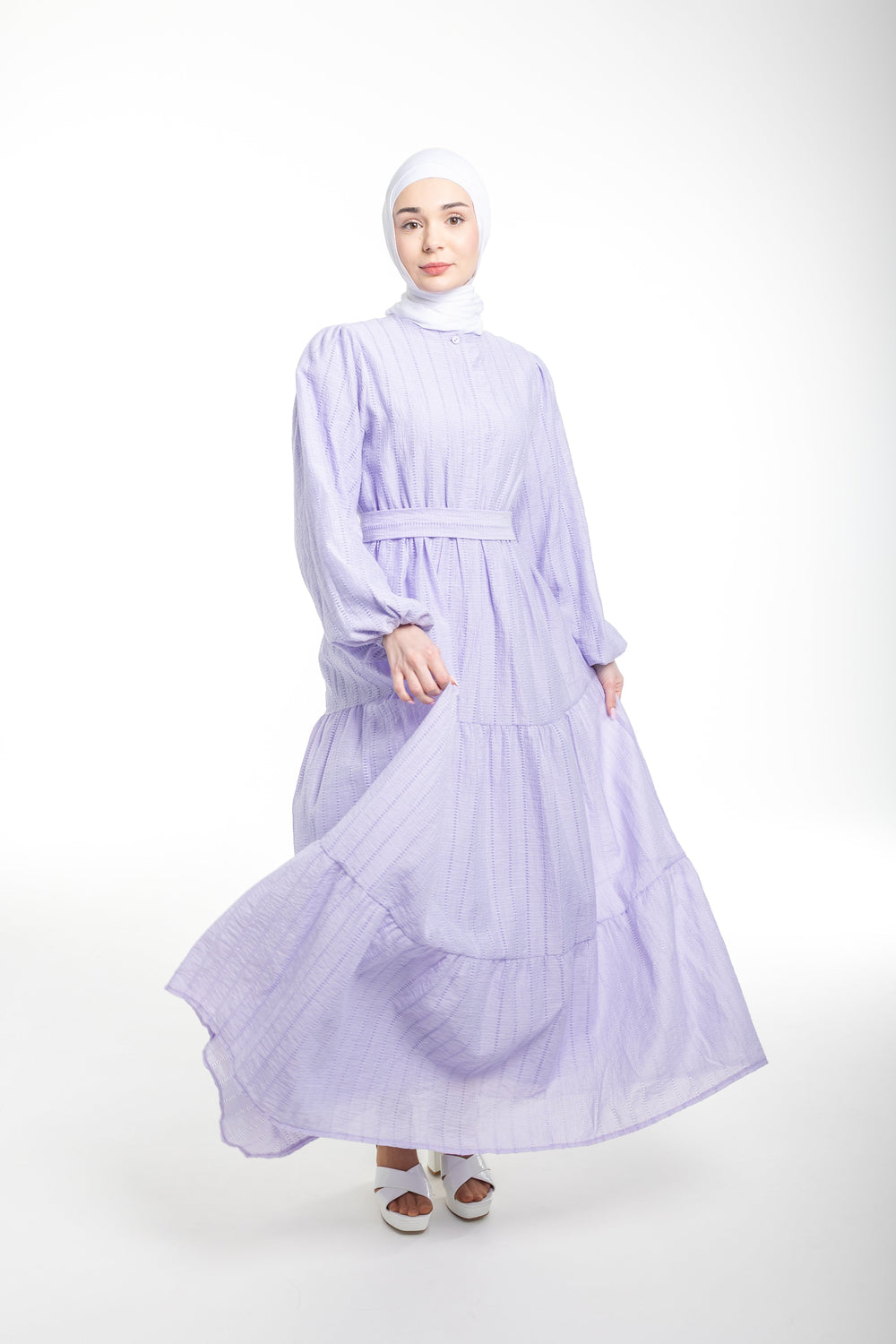 Amina Everyday Modest Tiered Dress | Lavender