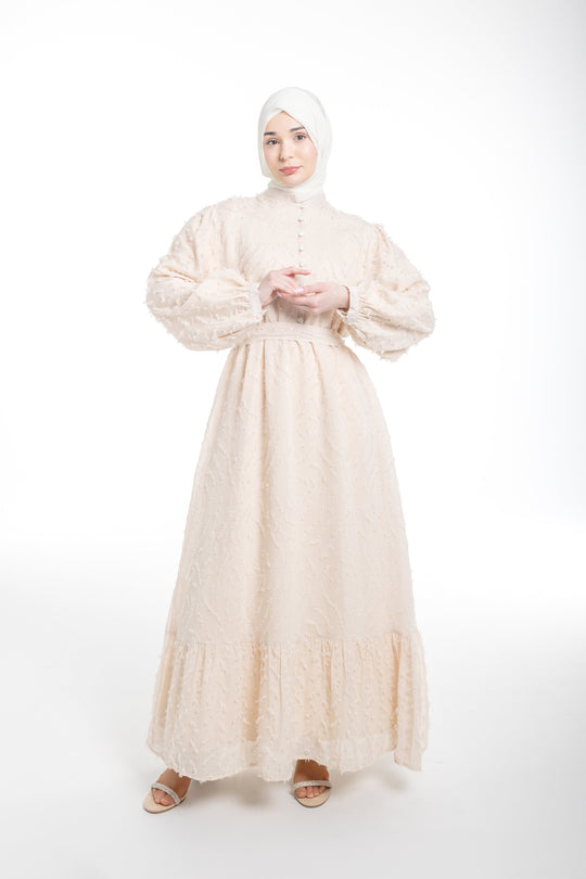 Lina Modest Occasion Textured Dress  | Cream