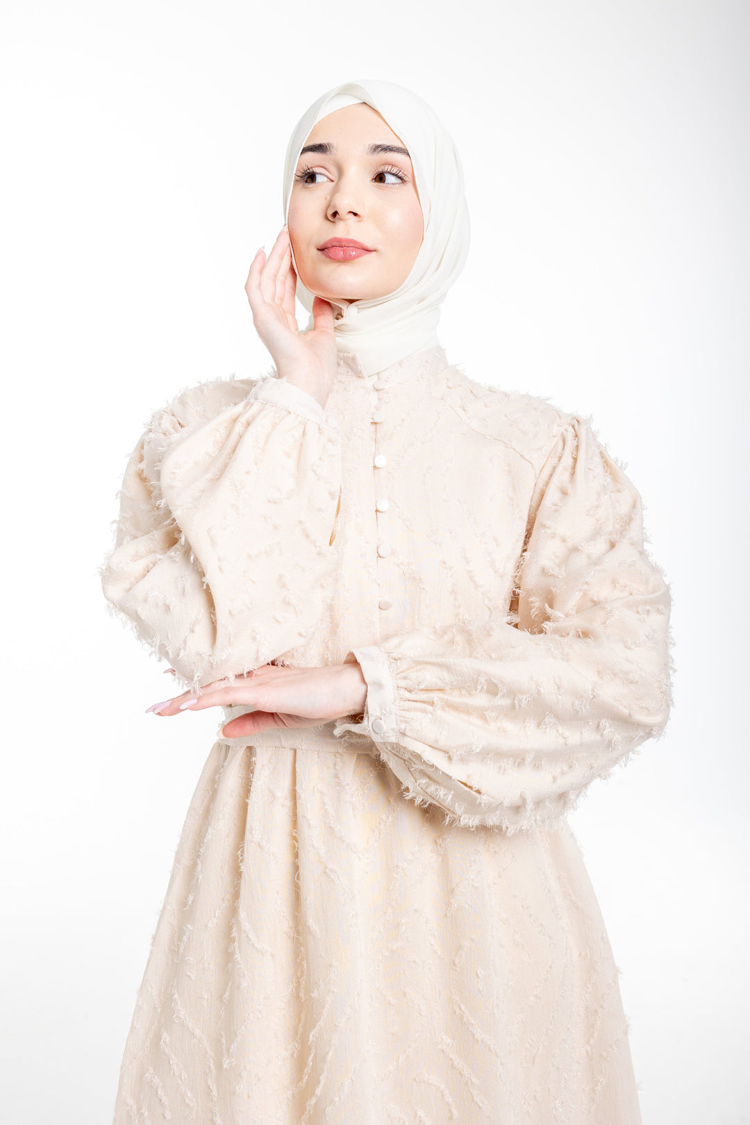 Lina Modest Occasion Textured Dress  | Cream