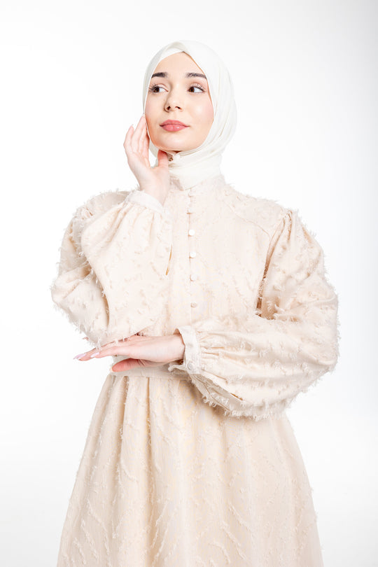 Lina Modest Occasion Textured Dress  | Cream