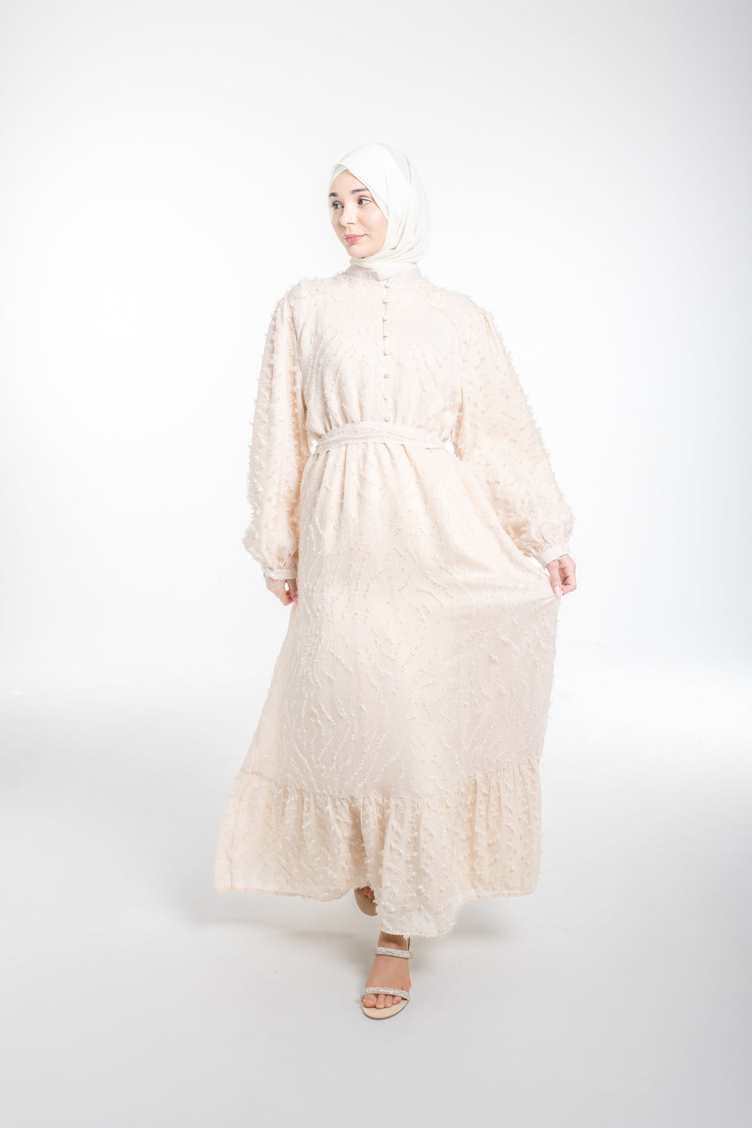 Lina Modest Occasion Textured Dress  | Cream