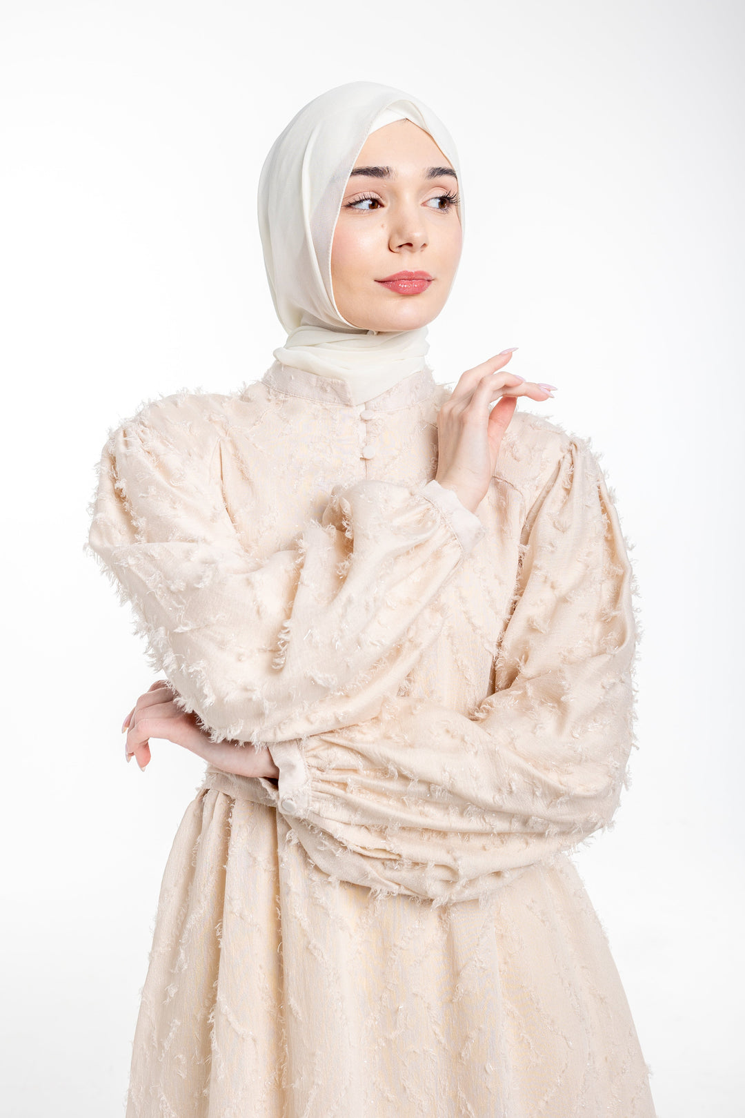 Lina Modest Occasion Textured Dress  | Cream