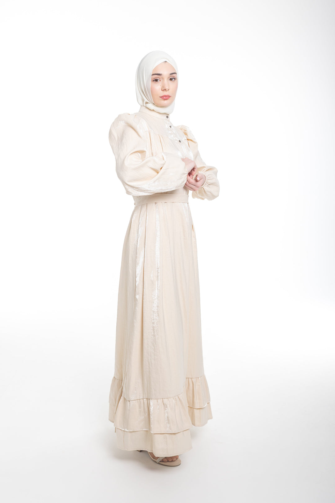 Soraya Modest Ruffle Hem Dress  | Champagne Beige