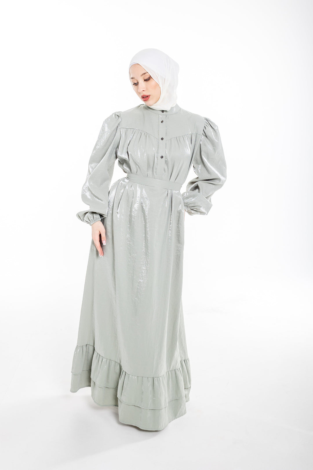 Soraya Modest Ruffle Hem Dress  | Sage Green