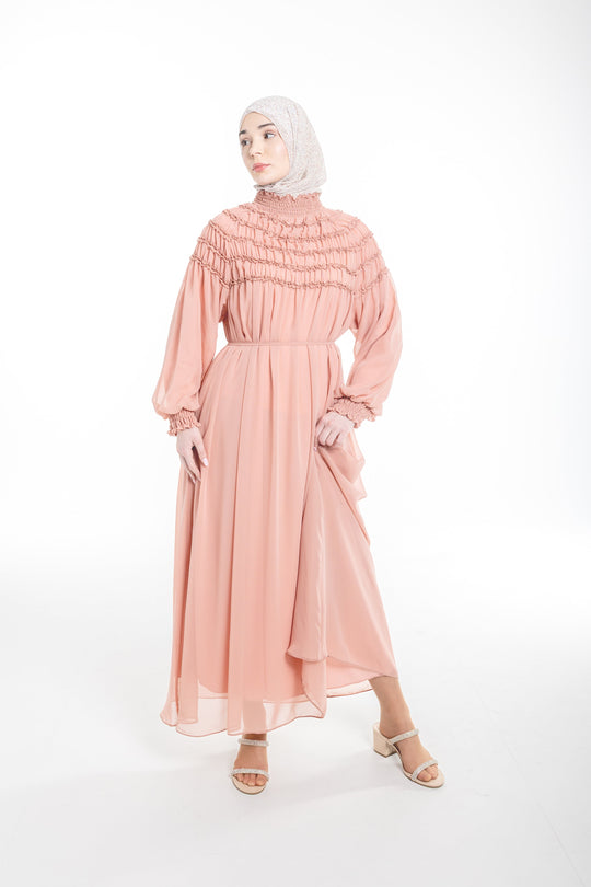 Sienna Shirred Evening Modest Dress | Pink