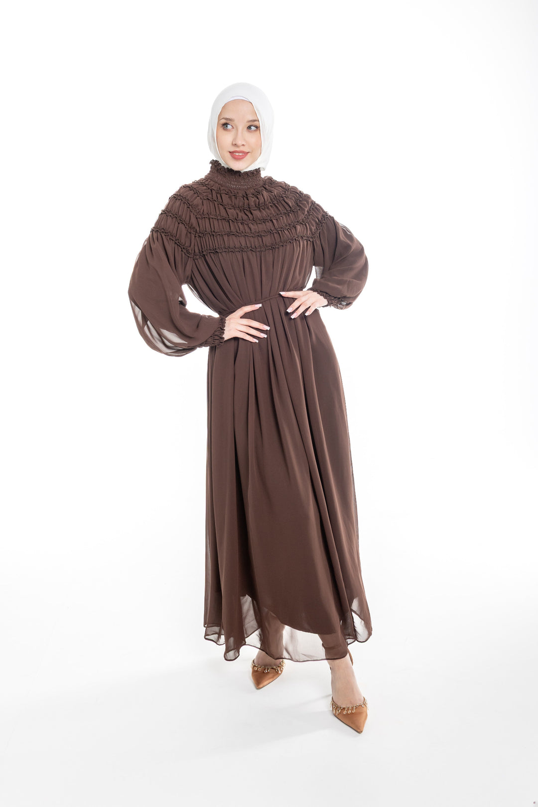 Sienna Shirred Evening Modest Dress | Brown