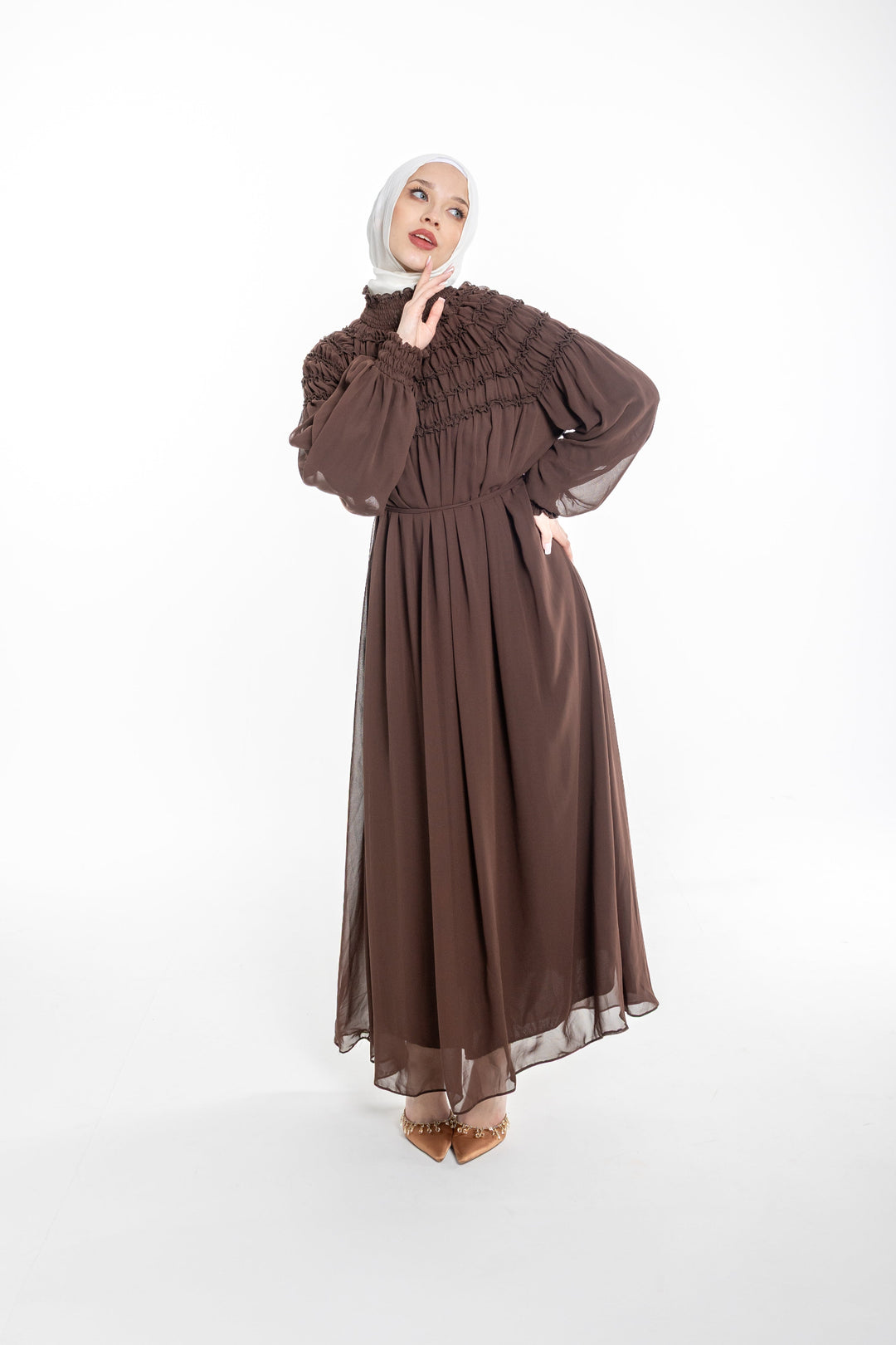 Sienna Shirred Evening Modest Dress | Brown