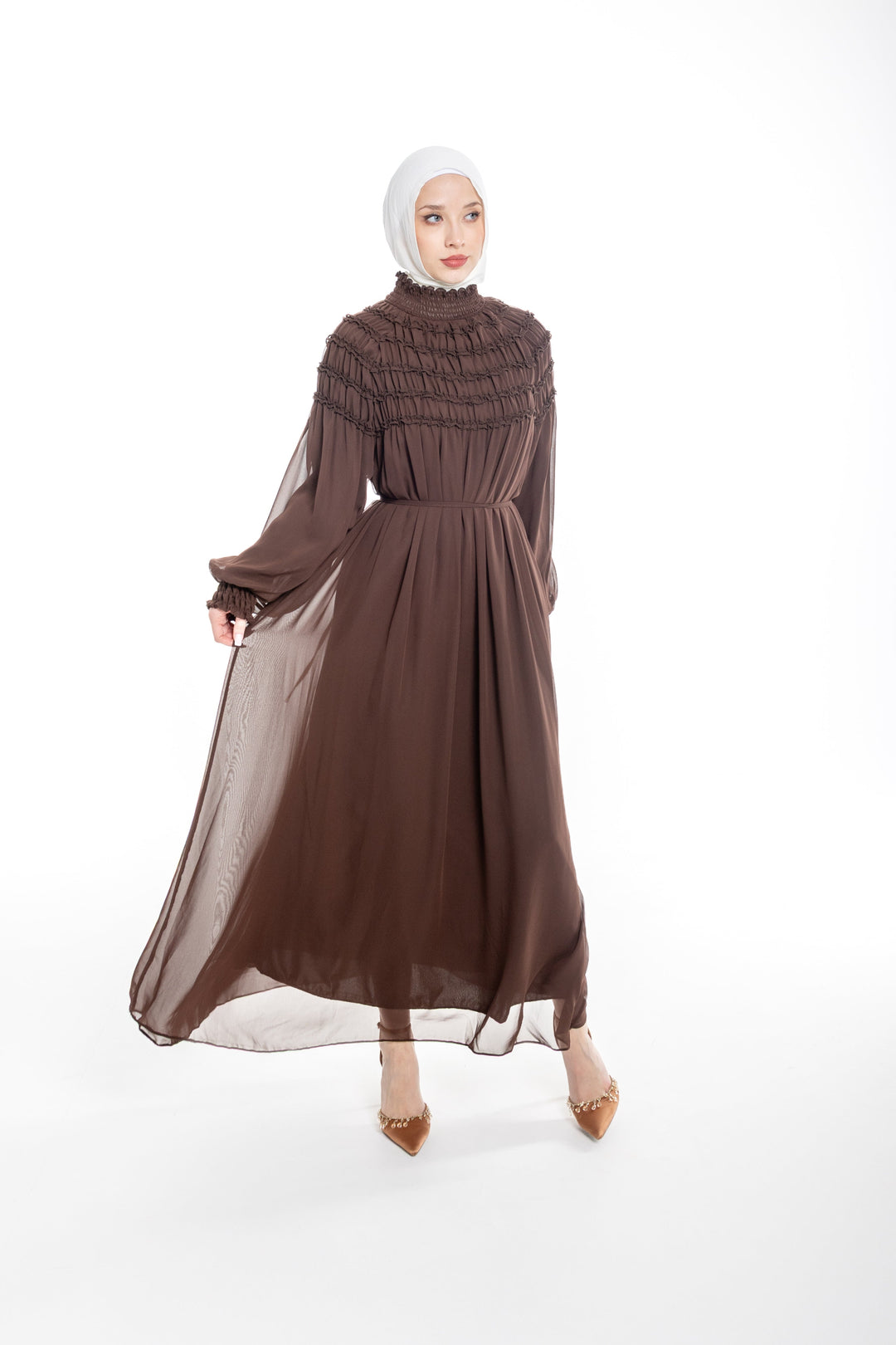 Sienna Shirred Evening Modest Dress | Brown