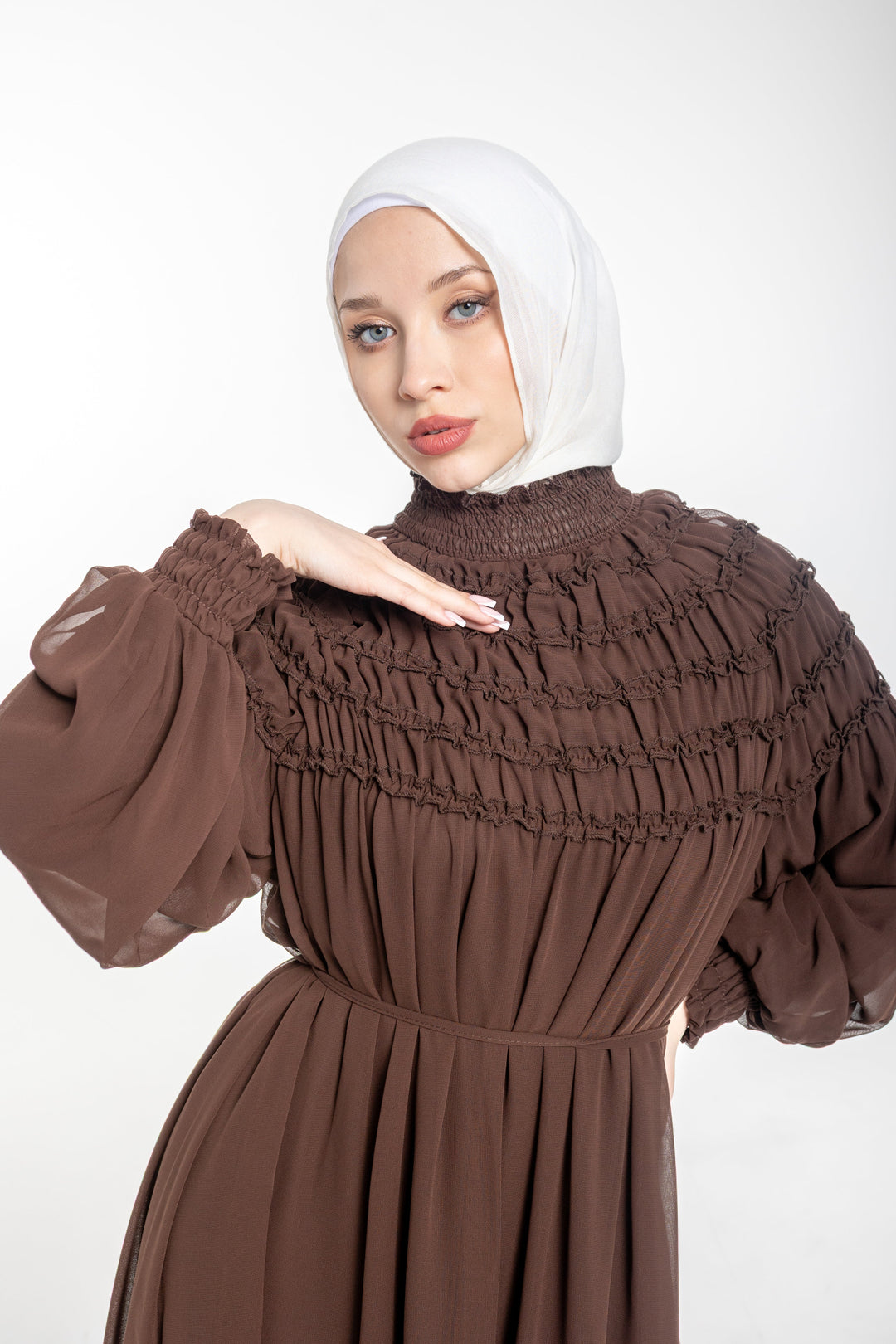 Sienna Shirred Evening Modest Dress | Brown
