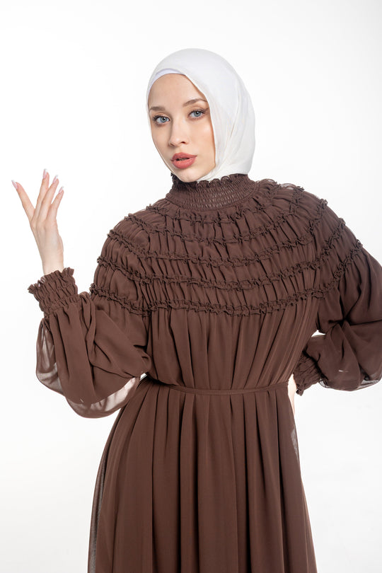 Sienna Shirred Evening Modest Dress | Brown