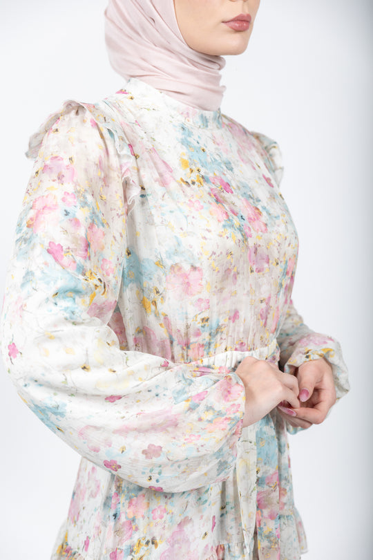 Bella Soft Bloom Tiered Modest Maxi Dress | Pastel Multi