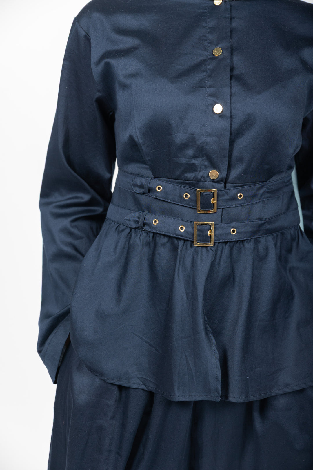 Navy blue dress with a belt on a white background