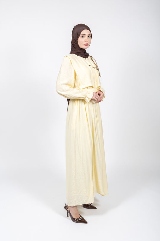 Woman wearing a light yellow dress and brown hijab on a white background