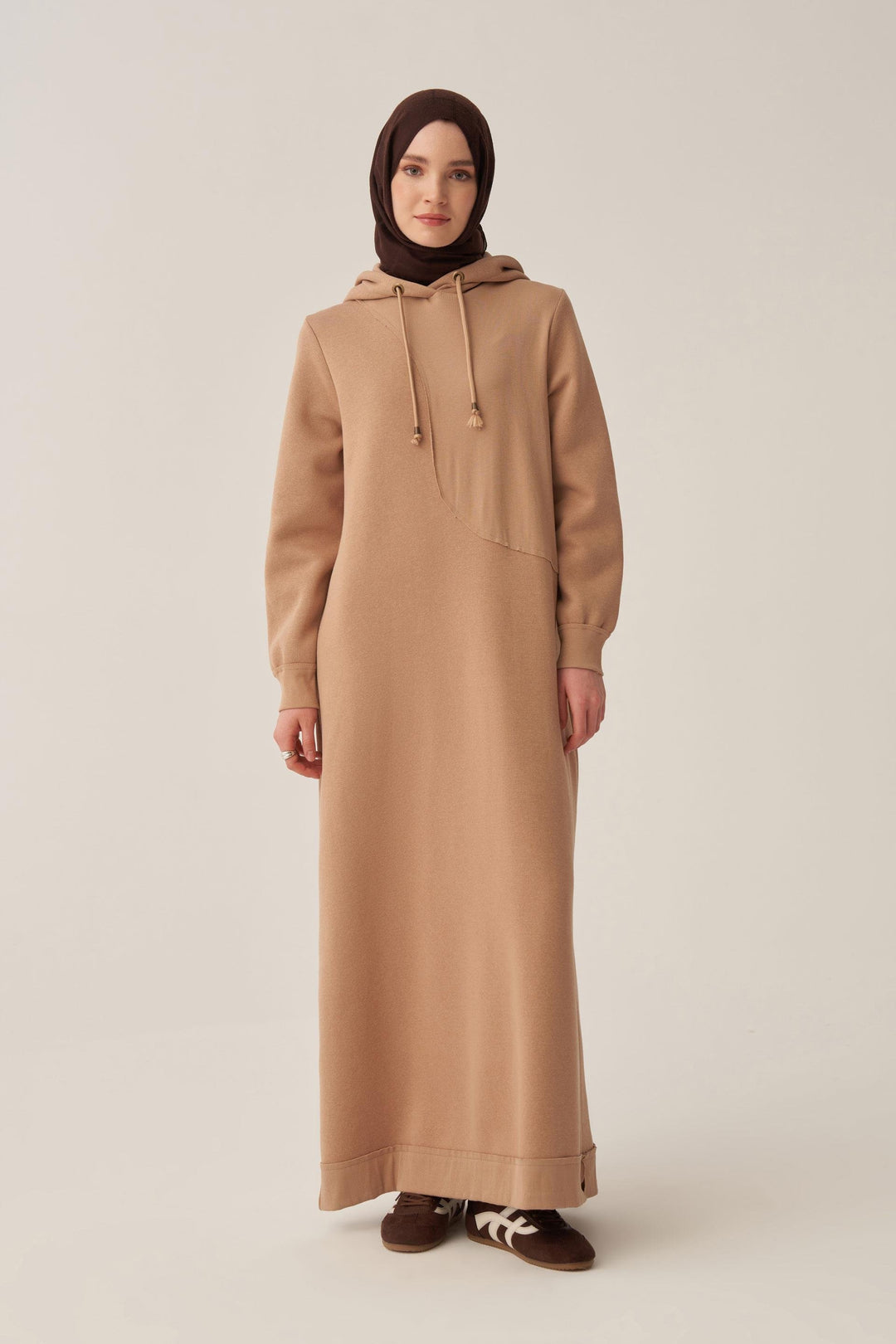 Sara Fleece Modest Hooded Chic Maxi Dress | Beige