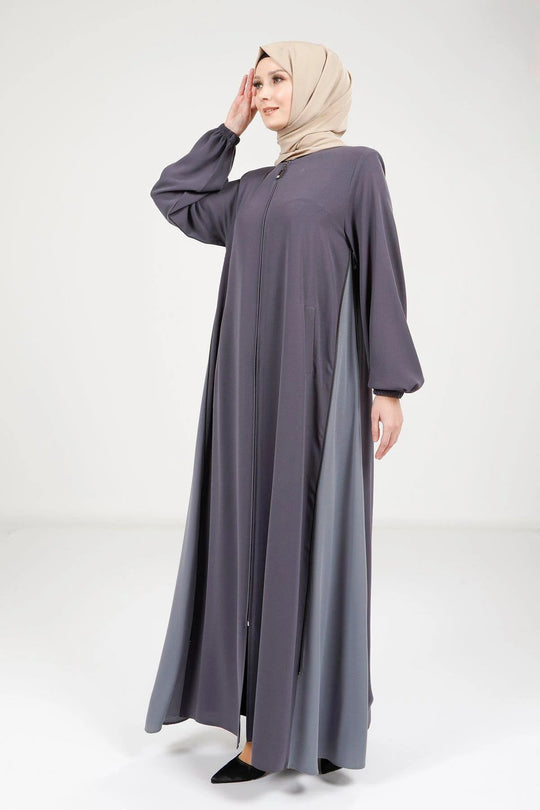Elegant Two-Tone Zip-Detail Abaya | Grey