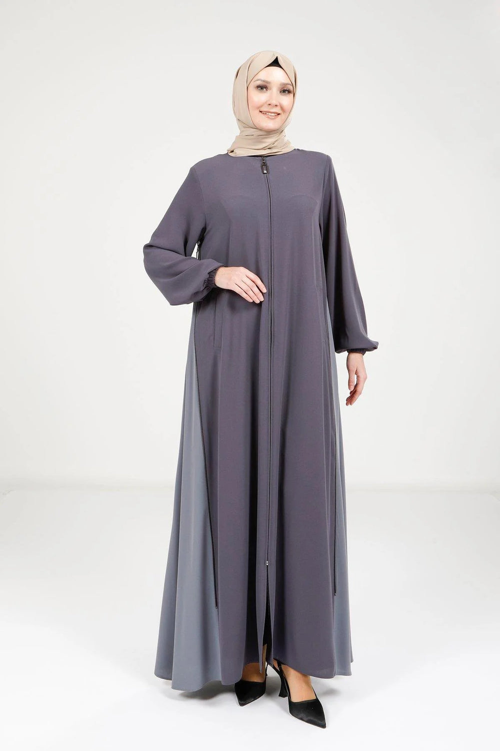 Elegant Two-Tone Zip-Detail Abaya | Grey