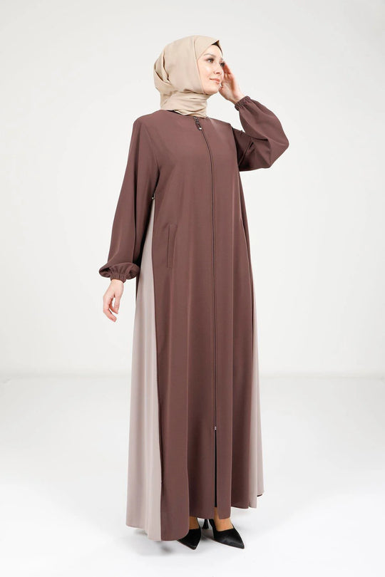 Elegant Two-Tone Zip Detail Abaya | Brown
