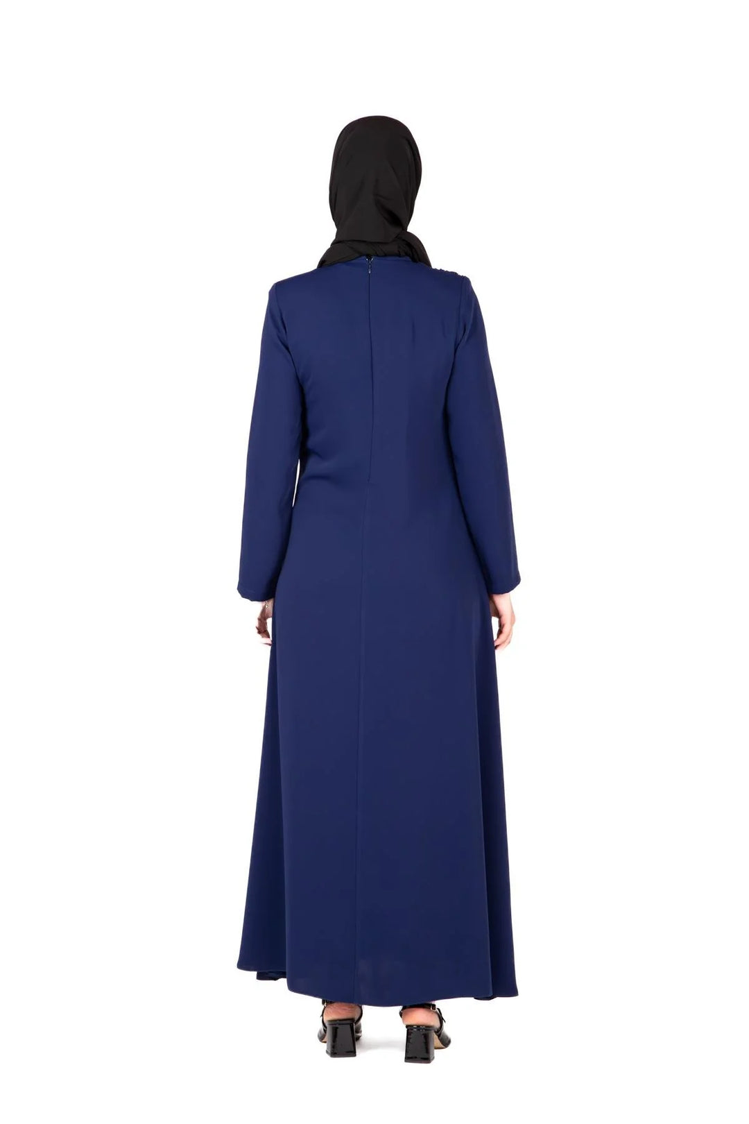 Navy blue abaya worn by a model on a white background