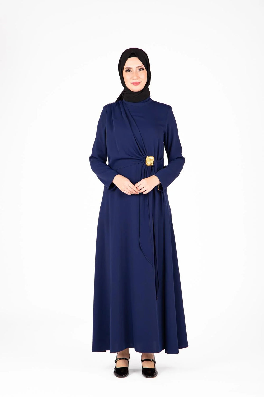 Elegant Modest Maxi Dress with Belt Detail | Navy Blue