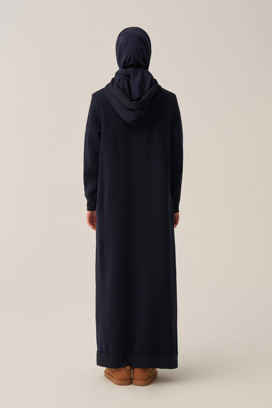 Sara Fleece Modest Hooded Chic Maxi Dress | Dark Blue