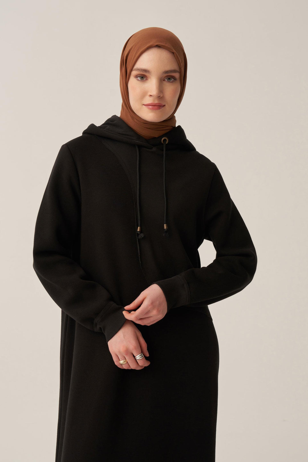 Sara Fleece Modest Hooded Chic Maxi Dress | Black