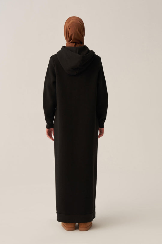 Sara Fleece Modest Hooded Chic Maxi Dress | Black