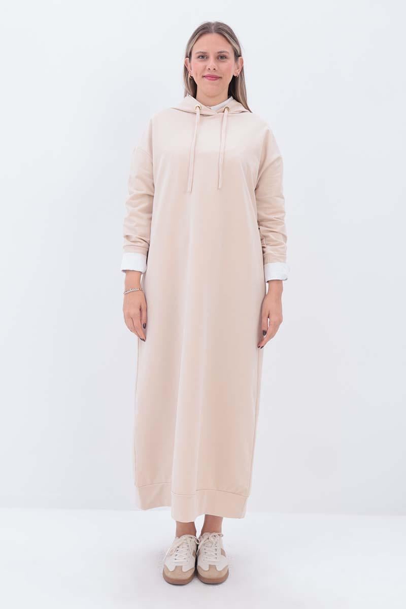 Sara Modest Hooded Chic Maxi Dress |Beige
