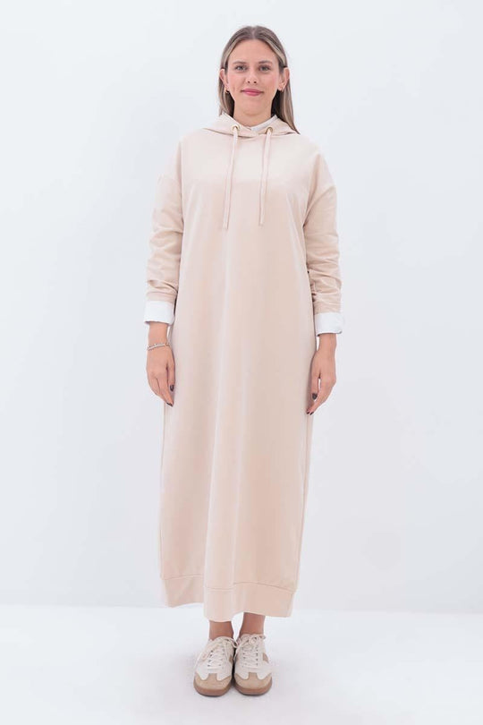 Sara Modest Hooded Chic Maxi Dress |Beige