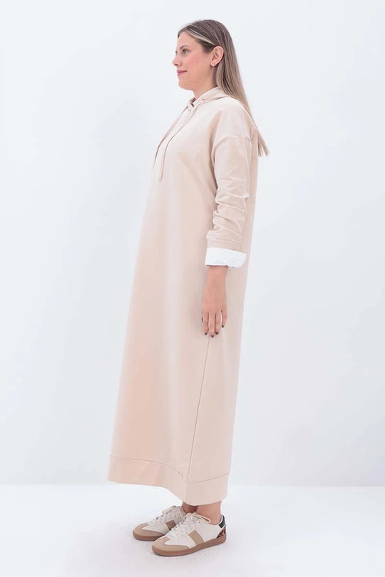 Sara Modest Hooded Chic Maxi Dress |Beige
