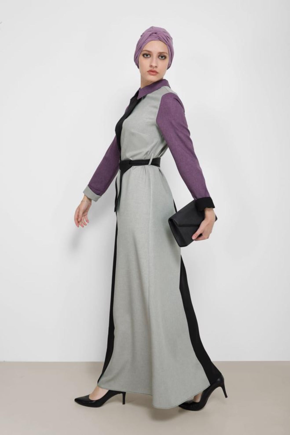 Masika Two Tone Modest Dress | Purple Sleeve