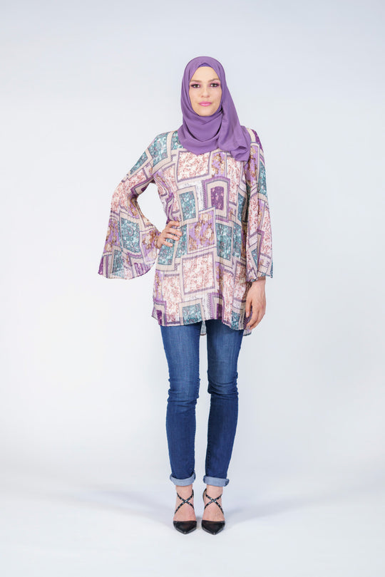 Geo Print Lace Trim Modest Blouse | Purple